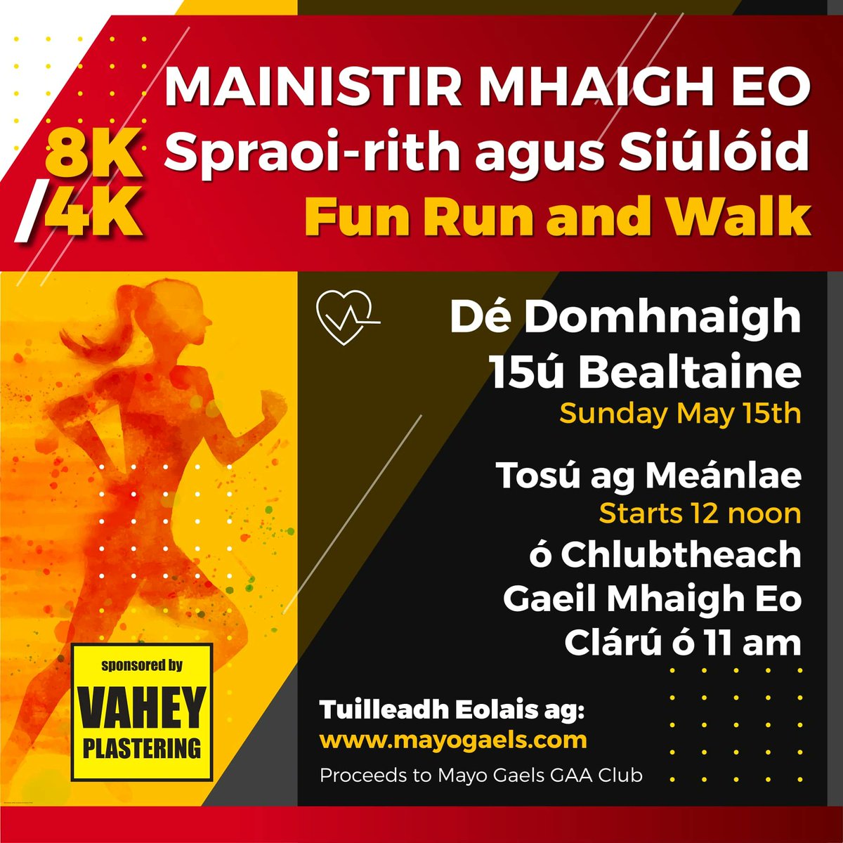 mayogaelsgaa's tweet photo. Tá ár spraoi-rith agus siúlóid ar ais i mbliana - our fun run and walk returns this year! 🏃‍♀️🏃‍♂️ Come out and join us on the 15th May with registration starting at 11am sa chlubtheach. Kindly sponsored by Vahey Plastering. Bígí linn ar an lá https://t.co/WLqFh2p7ZE