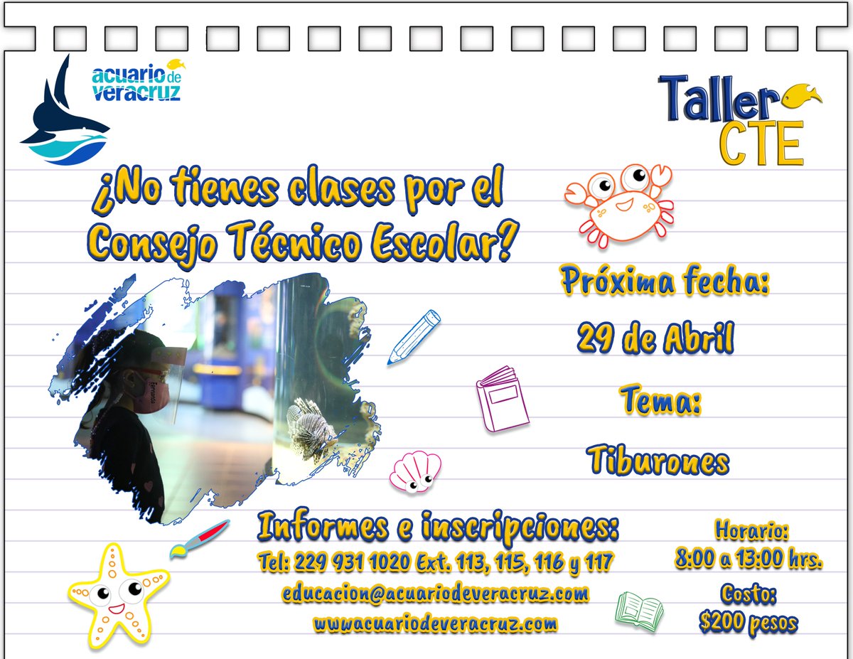 ¡Inscribe a tu hijo en nuestro Taller CTE!  
El último viernes de cada mes es para aprender en el Acuario de Veracruz.   
Conoce más de las increíbles especies como manatíes, tiburones, pingüinos y mucho más.  
Próxima fecha: viernes 29 de Abril
De 8:00 a 13:00 horas.