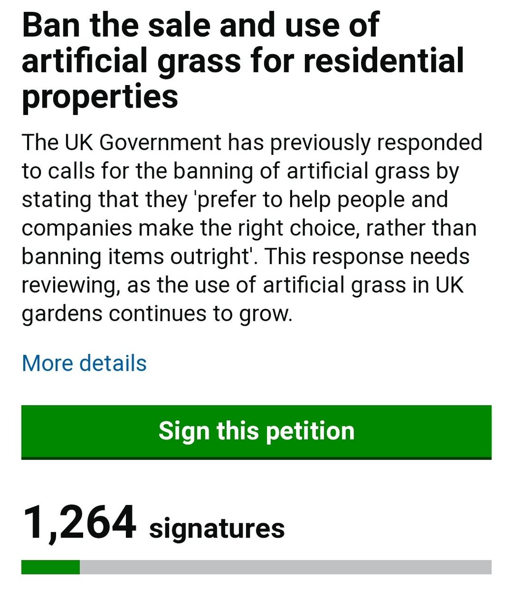 A little update on the two important Astroturf petitions. <a href="/DowlingWildlife/">Richard Dowling 🐝</a>'s Ecological Damage Tax petition is at 6329 signatures. <a href="/maggiem30026514/">maggie moran 🍃💚🍃</a>'s current Ban attempt is at 1264. We need at very least 10,000 on both so please sign both and make sure you verify the return email