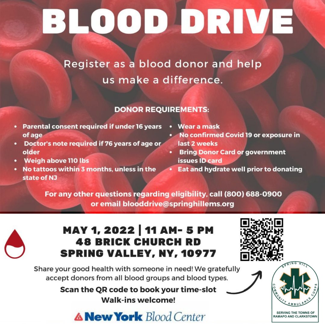 #SpringHill Community Ambulance is hosting a #BloodDrive on May 1st, 2022 at the Spring Hill building between the hours of 11am-5pm! Appointments are recommended, but walk-ins are welcome, as well.
 
Schedule your visit: donate.nybc.org/donor/schedule…