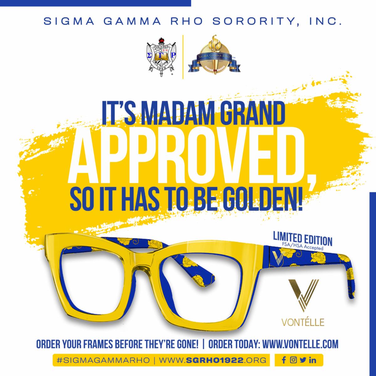 SGRho's tweet photo. It’s Madam Grand approved, so it has to be golden! 
Head to https://t.co/lzri65vpaL today to pre-order.

#SigmaGammaRho #SGRho  #SGRho100 #Greater #GreaterWomenGreaterWorld #GWGW #RhoadToCentennial #VontelleEyewear https://t.co/6Fo3WQFnrd