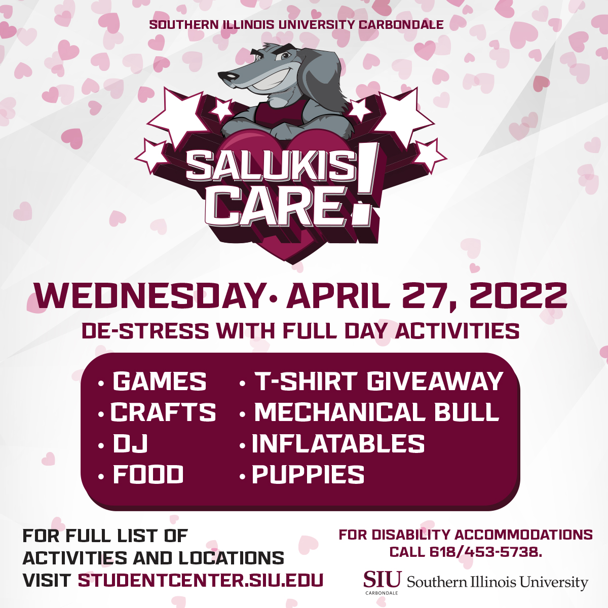Hey Salukis! Mark your calendars for Salukis Care Day on this Wednesday, April 27th! Classes are still in session, however stop by and de-stress for a full day of food, giveaways, activities, &amp; more! Visit bit.ly/SalukisCare for a detailed schedule. #thisissiu