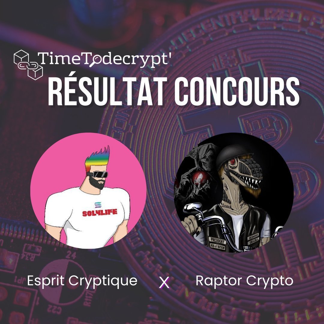 RaptorPV_'s tweet image. Fin du concours organisé par @TimeTodecrypt, mené en collaboration avec mon ami @_Cryptique !

Voici le nom des 2 personnes qui remportent une place chacune :

👉 @cryptocheckkk
 
👉 @Crypt0celot

Félicitations à tous les deux ! @TimeTodecrypt vous contactera directement 😊