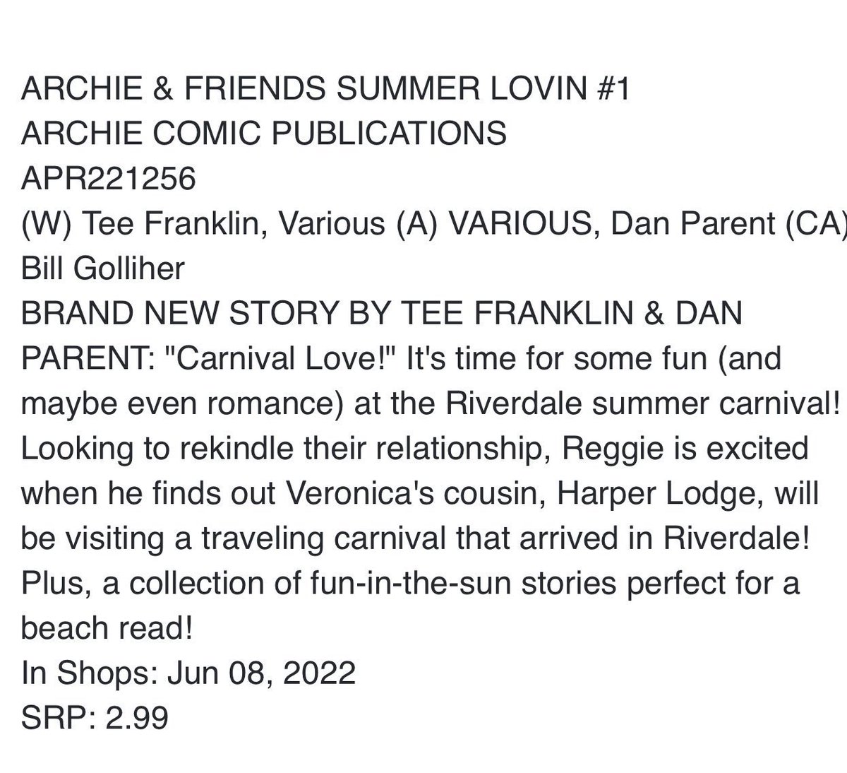 MizTeeFranklin's tweet photo. Hit up your local comic shop and preorder #ArchieAndFriends #SummerLovin to ensure you get your copy! You’re not gonna wanna miss Eliza Han’s debut story!
https://t.co/9SghXiwL4C https://t.co/L6mZdIxT1V