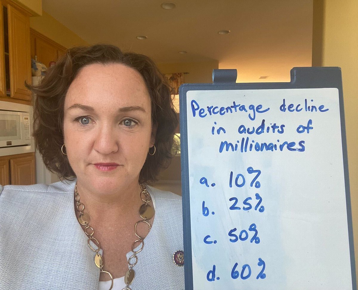 RepKatiePorter's tweet image. We have a tax gap because the richest Americans don't pay what they owe while the rest of us do.

In a hearing today, I quizzed the IRS Commissioner: how much have audits of millionaire taxpayers declined in the past 10 years?

For those playing along at home, leave your guess ⬇️