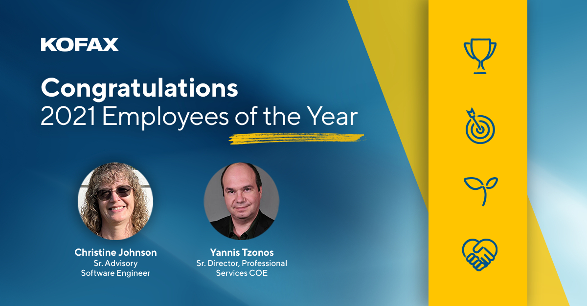 KofaxCareers's tweet photo. 🥳 Please join us in congratulating Christine Johnson and Yannis Tzonos, our 2021 Employees of the Year! Nominated by their peers, these two winners were honored for exemplifying the Kofax Core Four Values. https://t.co/SUuVIuDdf9