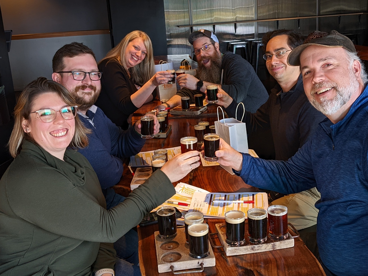 Small world story, on our tour, Brian from Delaware, far right, taught Jr. High Science to Joe, 2nd from left, from Philly, with his wife Alison. They had not seen each other all these years. Beer does have the power to unite people. Our group enjoyed the beers at <a href="/stoupbrewing/">Stoup Brewing</a>