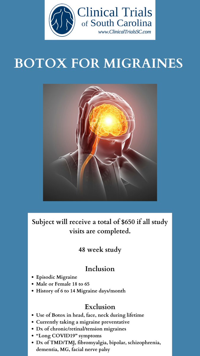 ClinicTrials_SC's tweet photo. Call us today 843-789-3707 or visit our website at https://t.co/bJFWe8YfKe.

#ClinicalTrialsOfSC #ClinicalTrials #Botox #Migraines https://t.co/PQJWLBXZQW