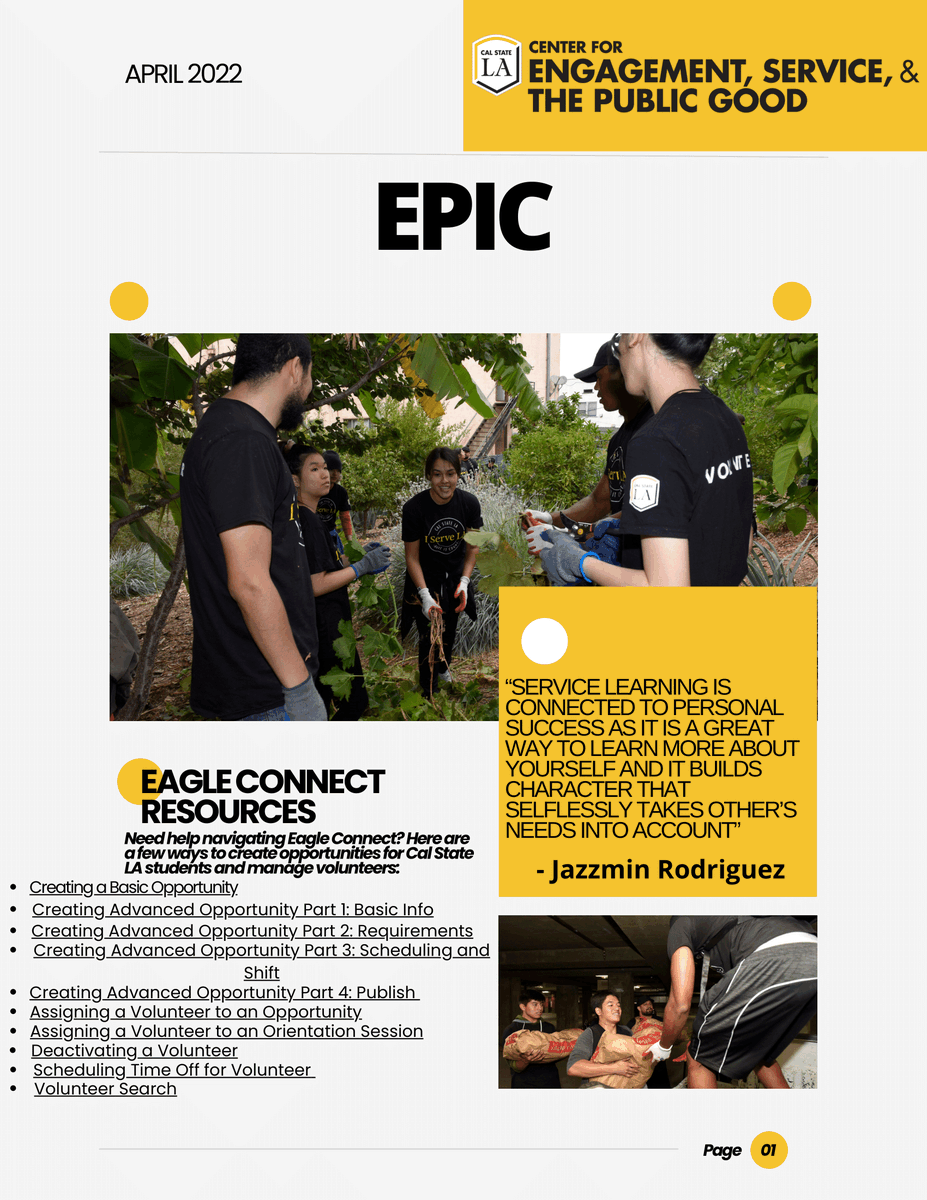 CalStateLAServe's tweet image. With this newsletter, we want to remind you of all the community service opportunities you can find on eagle connect. This is also a reminder that from 11:00-2:00 we will be having our volunteer/internship fair where students can connect with partners here on campus so stop by!