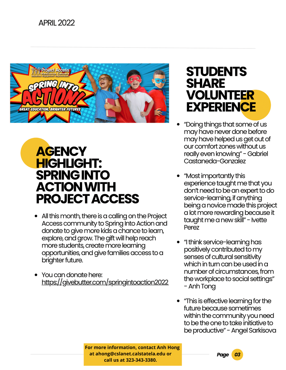 CalStateLAServe's tweet image. With this newsletter, we want to remind you of all the community service opportunities you can find on eagle connect. This is also a reminder that from 11:00-2:00 we will be having our volunteer/internship fair where students can connect with partners here on campus so stop by!