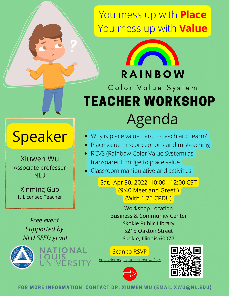 We will give a workshop on the Rainbow Color Value System (RCVS) on Saturday morning, April 30, in the Skokie Public Library (flyer attached). Please consider joining us and sharing this workshop with your K-3 teachers. Teachers can get 1.75 CPDUs. <a href="/MathICTM/">ICTM — Illinois Council of Teachers of Mathematics</a>