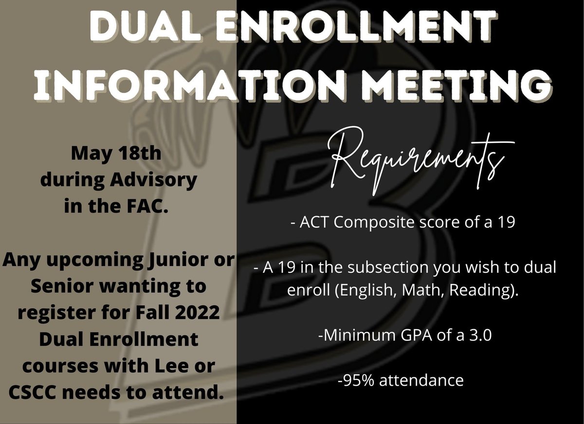 Class of 2023 + Class of 2024, <a href="/LeeU/">Lee University</a> and <a href="/clevelandstate/">Cleveland State</a> will be on campus May 18th during Advisory to assist students w/ registering for Fall 2022 DE courses (on campus/off campus). Please attend this meeting if you signed up to take Dual Enrollment next year. <a href="/BradleyCentral/">Bradley Central H.S.</a>