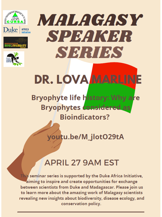 Happy to announce the Malagasy Scientist Seminar Series, hosted by <a href="/DukeLemurCenter/">Duke Lemur Center</a> and funded by the <a href="/DukeAfricaIn/">Africa Initiative</a>. Please tune in for our first presentation with Dr. Lova Marline on the Bryophytes of Madagascar!
@Fidydvm <a href="/TRamiadantsoa/">Tanjona Ramiadantsoa</a> @onjarazafi 
youtube.com/watch?v=M_jIot…