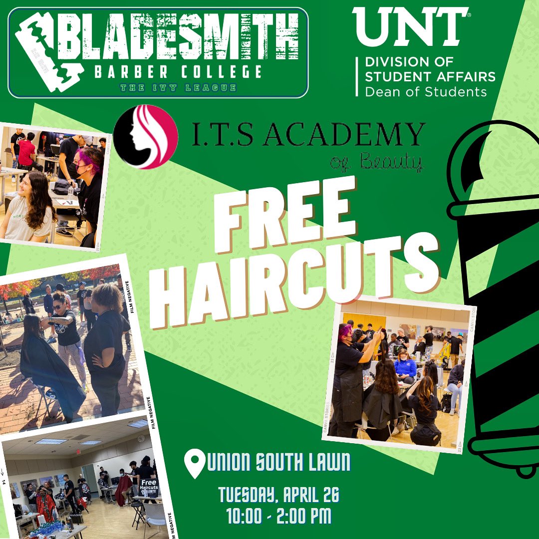 UNTPantryKroger's tweet photo. It is free haircut day next Tuesday! Come get your hair cut for free by our friends at Bladesmith Barber College and ITS Academy of Beauty. Get ready for that warm Texas weather☀️ Union South Lawn from 10:00 am to 2:00 pm https://t.co/q75wiMnjQC