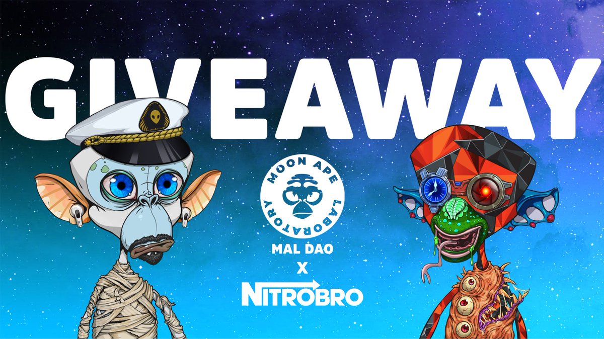 Twitter Giveaway Special hosted by the Nitrobros!

Win a Moon Ape Genesis/Mutant Duo...

Rules: 
1⃣ Retweet, like &amp; comment on why you love MAL
2⃣Tag 5 friends who do NOT own an ape
3⃣Follow us on Twitter and Discord!

Winner TBA 24/04 16:00 (UTC)
#NFTGiveaway #P2E #MalfollowMal