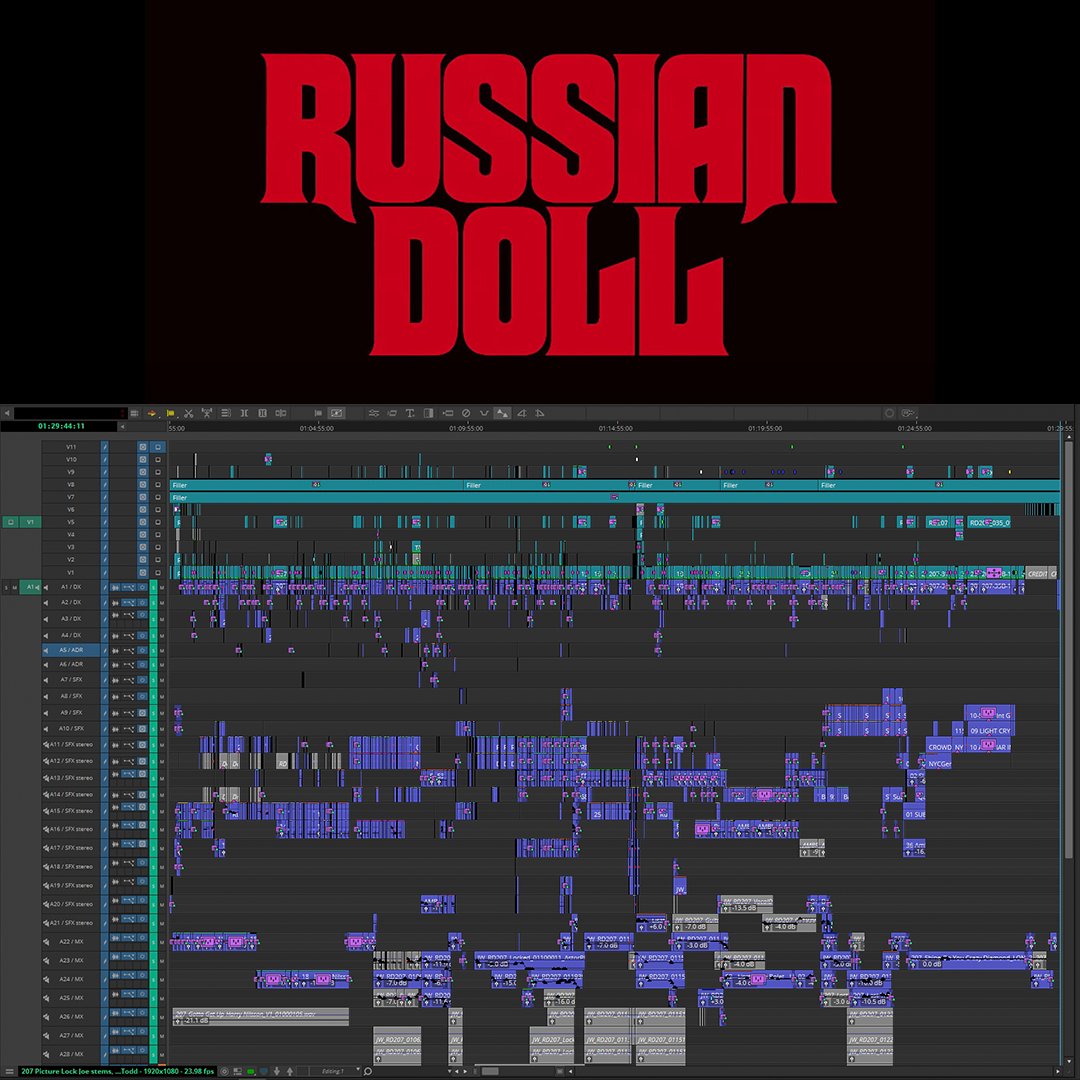 Avid's tweet photo. 🎞️ Timeline from Russian Doll — S02E01! Created, starring, and directed by @nlyonne, edited by Todd Downing

▶️ https://t.co/6fYBnWK7GO

#russiandoll #editing #timeline #postproduction #netflix #mediacomposer #avid https://t.co/mb92iLt8jv