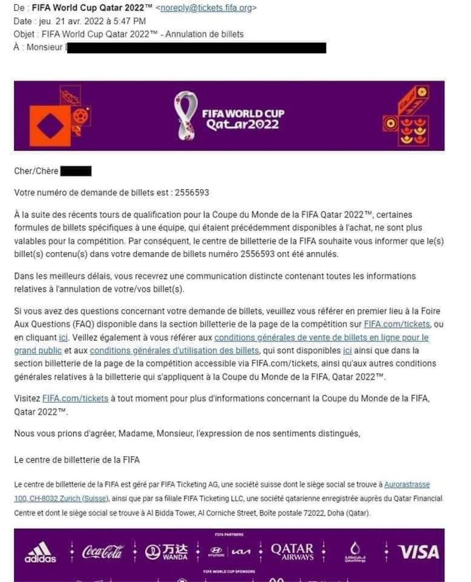 LGDFennec's tweet photo. 🚨🚨La FIFA annule les réservations des billets spécifiques achetés en prévision des matchs de l’Algérie en Coupe du Monde 2022 et précise que les détenteurs de ces billets seront indemnisés dans les 30 prochains jours ! #FIFA #ALGCAM #Gassama https://t.co/1aXw2TGJxI