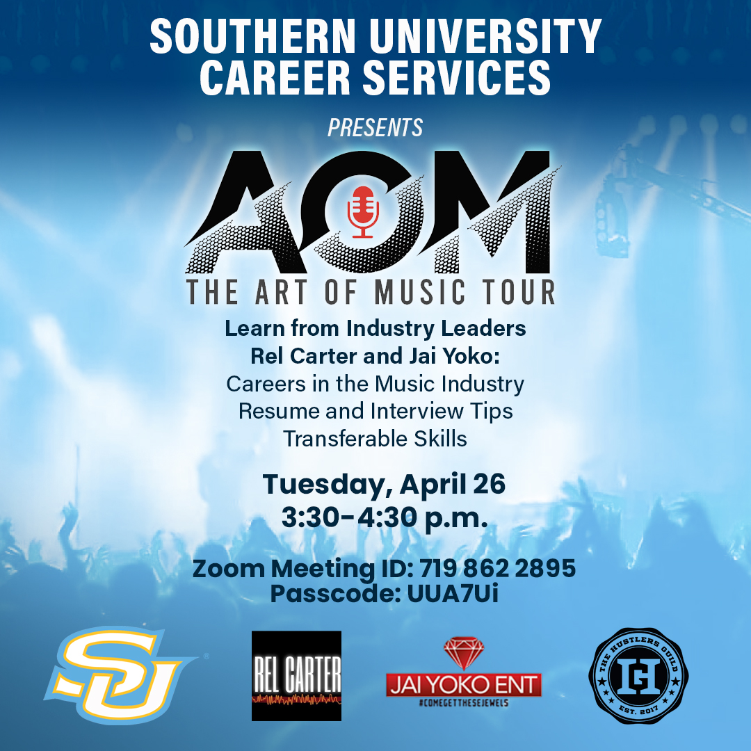 SouthernU_BR's tweet image. SU Career Services presents The Art of Music Tour on April 26 at 3PM via Zoom. Learn from industry leaders @RelCarter &amp;amp; @JaiYokoENT to discuss careers in the music industry, resume tips &amp;amp; more. Zoom link: rb.gy/j2xfot. #WeAreSouthern #SouthernUniversity #HBCU #HbcuBuzz