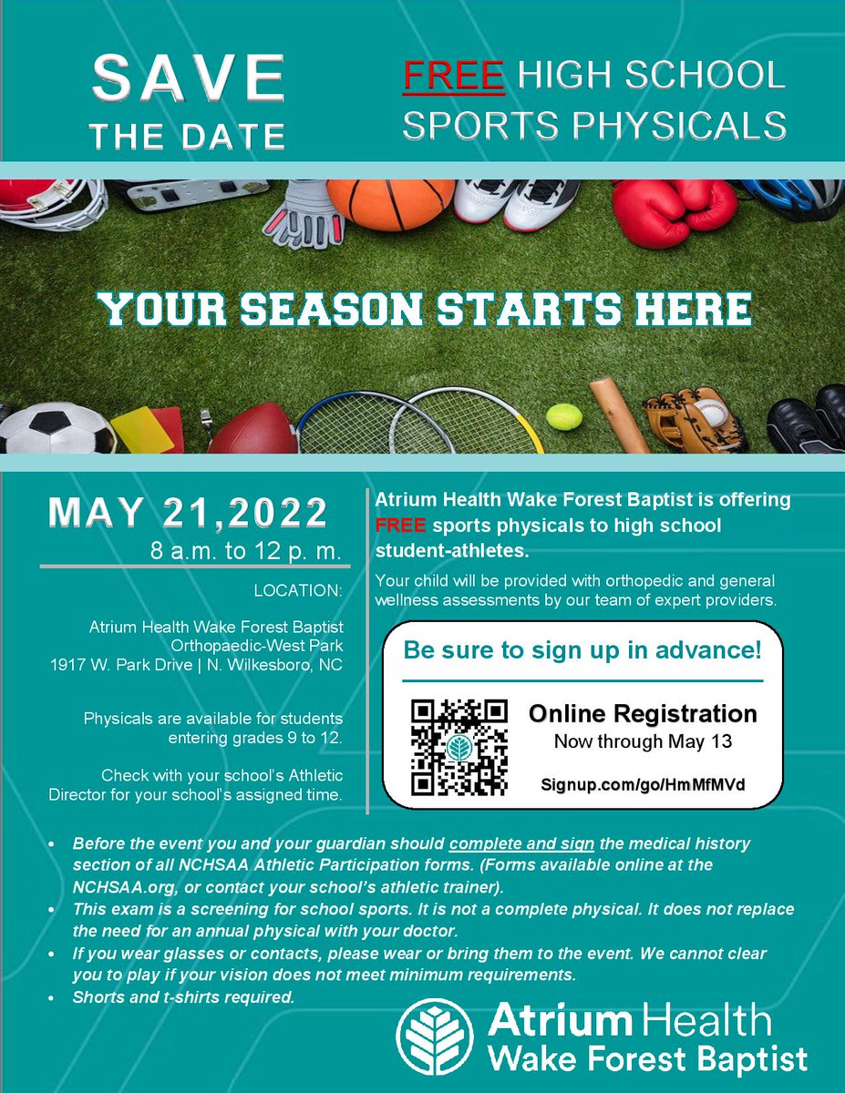 <a href="/AtriumHealthWFB/">Atrium Health Wake Forest Baptist</a> will be hosting FREE sports physicals for high school student-athletes (including rising 9th graders) on Sat. May 21 at West Park. Please use the signup link or QR code in the graphic to reserve a spot. See Grant for the required paperwork.
