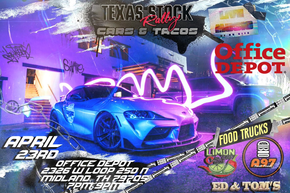 Can’t make it to Cars &amp; Donuts because your dog ate your homework? Don’t worry, will be having
Cars &amp; Tacos Saturday Evening! 

TXSR Cars &amp; Tacos (This Saturday) 
April 23rd from ( 7:00pm-9:00pm)

Office Depot - Midland 282 - Midland Texas 
2326 WEST LOOP 250 N, Midland, TX 79705
