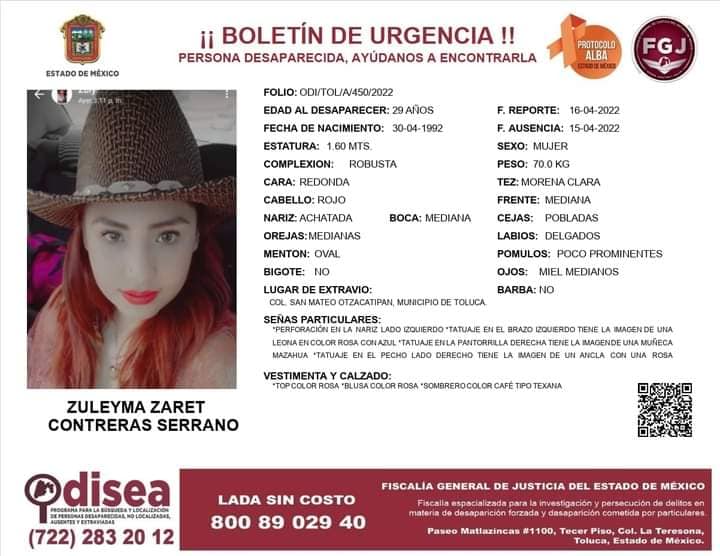 🔴 Ayudemos a encontrarla🔴

🔸 #SeBusca Zuleyma Zaret Contreras Serrano desapareció el día viernes, viajaba rumbo a Querétaro en compañía de su pareja #buscandoazuly

👉Recuerda que puedes hacer tu DENUNCIA 🤬 por #WhatsApp y le daremos seguimiento 👊 7224986241