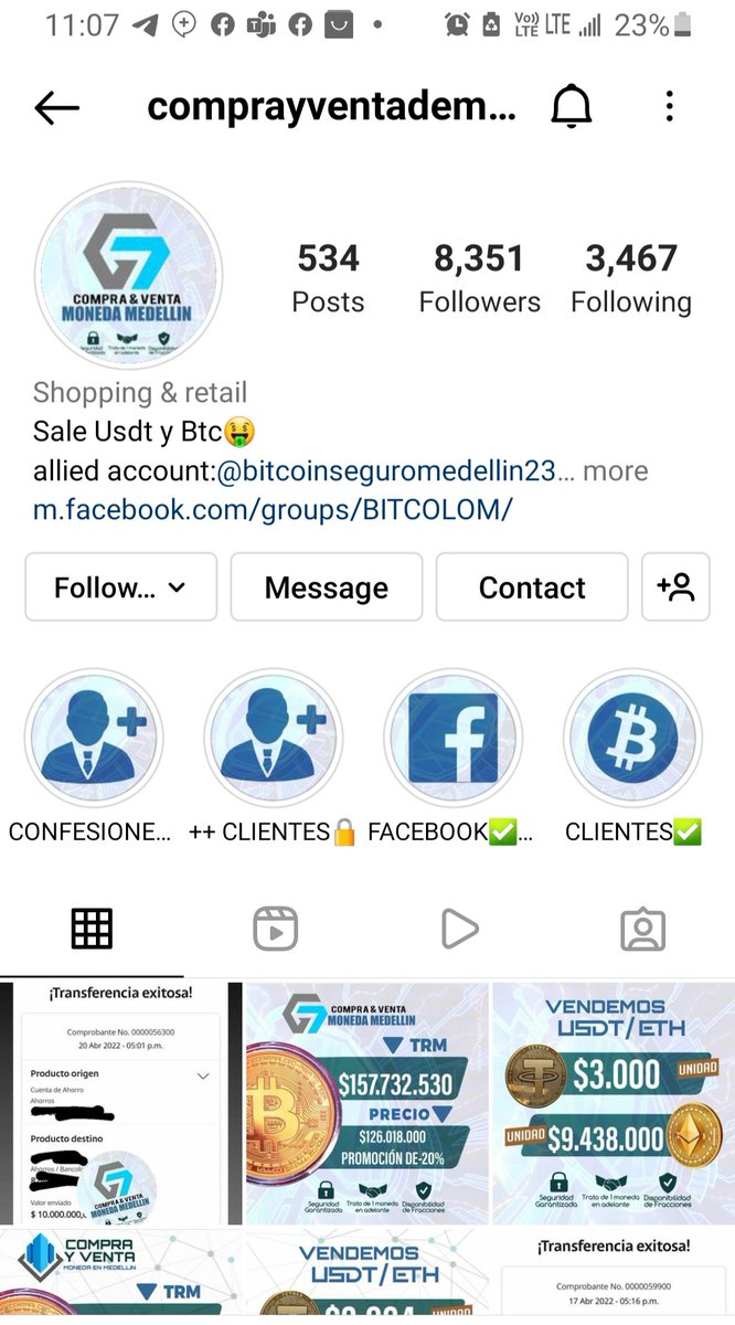 and1sal's tweet photo. @DirectorPolicia @PoliciaMedellin Están robando diariamente millones y millones de pesos con estas cuentas en Instagram y Facebook. Con publicidad pagada. Investiguen su número de contacto es 3146589775 Todas las cuentas asociadas son estafa https://t.co/vbdFOrEXOI
