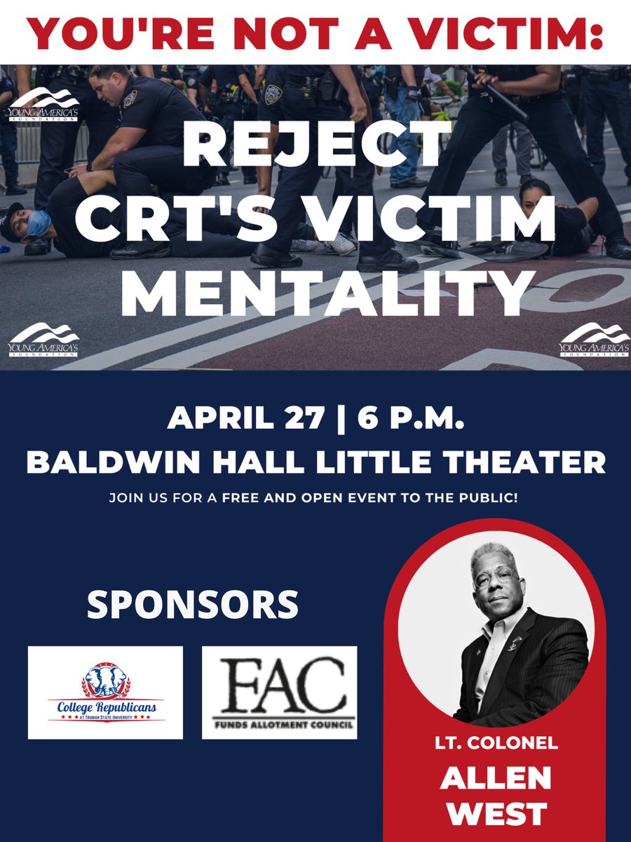 tsugop's tweet photo. College Republicans At Truman State speaker event next Wednesday, April 27 with Lt. colonel Allen West. West is a veteran of United States Army, former chair of the Texas republican party and a former member of the US House of Representatives from for the 22nd district. https://t.co/LcfvVB3MZL