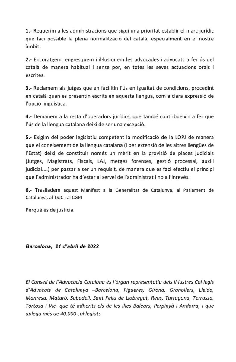 🟡 MANIFEST en defensa de la llengua catalana‼️
📄 El 14 degans i deganes de <a href="/conselladvocat/">Consell de l’Advocacia Catalana</a> subscriuen un manifest requerint a les administracions la plena normalització del català en l’àmbit judicial ⚖️ 
Llegeix-lo aquí 💻📲 ⤵️
cicac.cat/2022/04/manife…