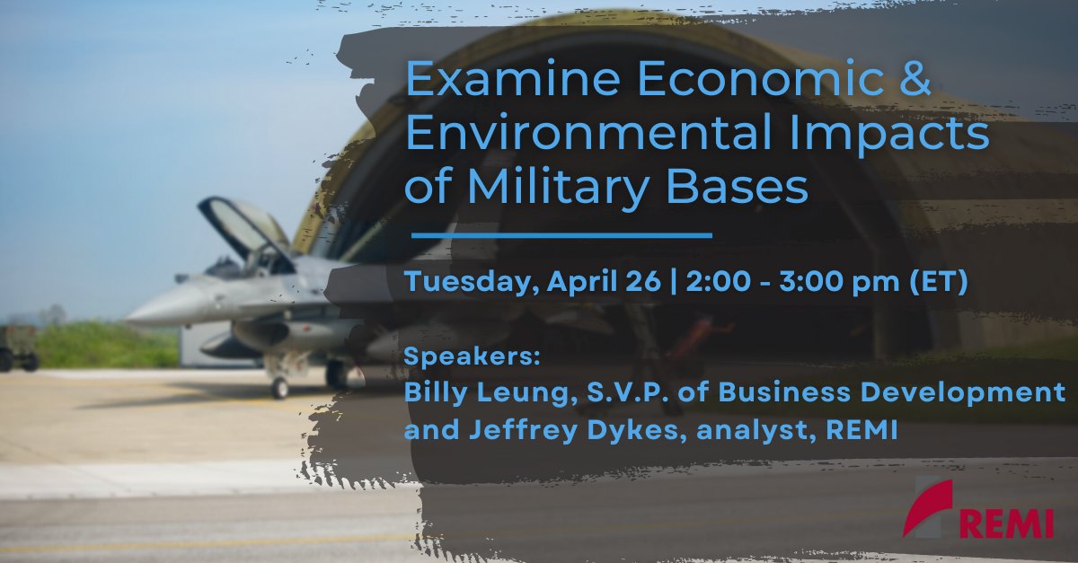 “Examining the Economic &amp; Environmental Impacts of Military Bases,” on Tue, April 26, 2:00 to 3:00 p.m. (E.T.). Presented by Billy Leung, S.V.P. of BD, and Jeffrey Dykes, our REMI analyst. 

Register: remi.com/event/examine-…