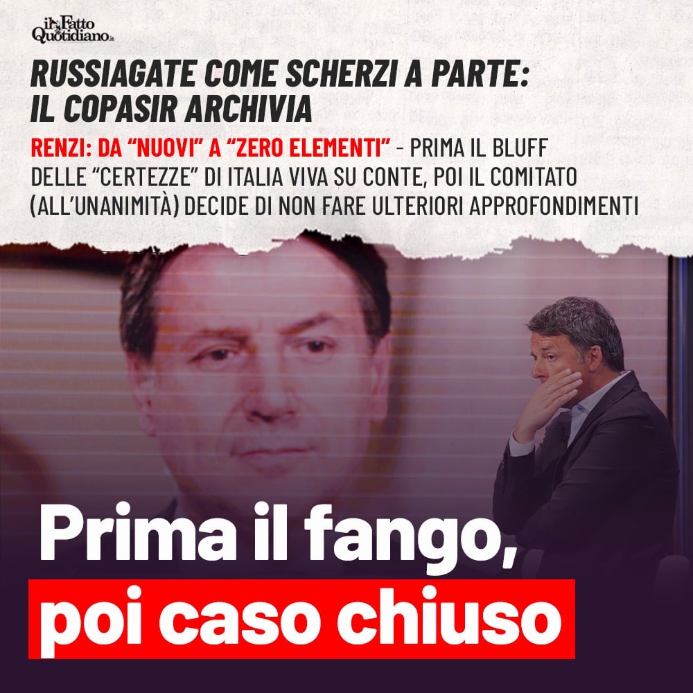 Il #Copasir, all’unanimità, ha zittito #Renzi: “Non vi sono elementi di novità tali da richiedere ulteriori approfondimenti”. CASO CHIUSO. Resta la vergogna del fango gettato addosso al presidente <a href="/GiuseppeConteIT/">Giuseppe Conte</a> per giorni. Ma noi non resteremo #zittiebuoni