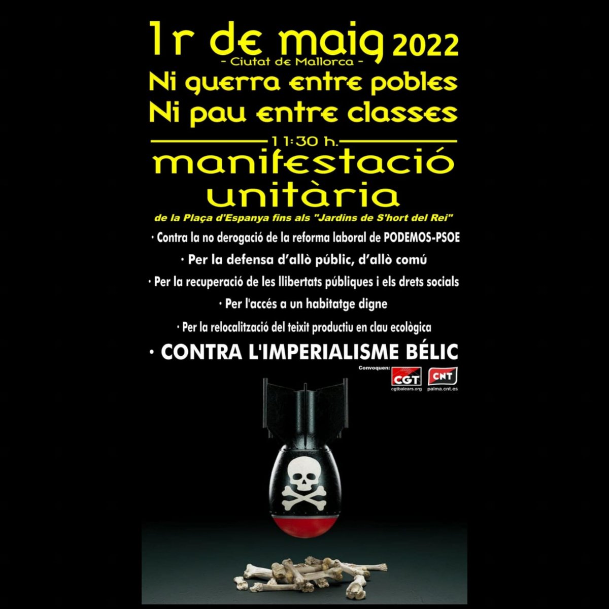 🔥🔴 Aquest 1 de maig ens unim a la manifestació convocada per la <a href="/cgtbalears/">CGT Balears</a> i la <a href="/CNTCatalunya/">CNT Catalunya-Balears</a> ⚫🔥

Contra tot allò que ens oprimeix i per l'autogestió i la col·lectivitat!