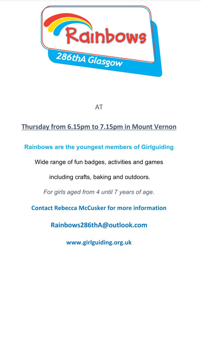 SparklyStardust's tweet photo. We have a few spaces at the Rainbows in Mount Vernon 

@mvpglasgow @Garrowhillps @stfrancisoa @StJoachim1 @StBridesPS @WellshotPrimary @stpaulsshet https://t.co/Ngkx31nCwQ