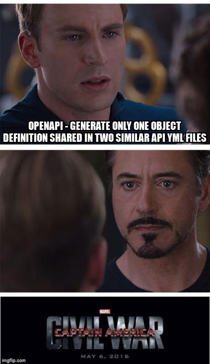 overflow_meme's tweet image. OpenAPI - Generate only one object definition shared in two similar API yml files stackoverflow.com/questions/7195… #openapi #openapigenerator #java #gradle