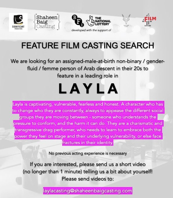 New #casting call🚨 

Very exciting feature with <a href="/Glamrou/">Amrou Al-Kadhi 🦄</a> at the helm. 

Pls RT 💫 😘 

Text Version: txt.do/t1lie

#queerstories #queerfilm #LGBTQcinema #queercinema #castingcall #nonbinary #genderfluid #femme #femmeperson #arabdescent #genderdiverse #lgbtqia #lgbtq