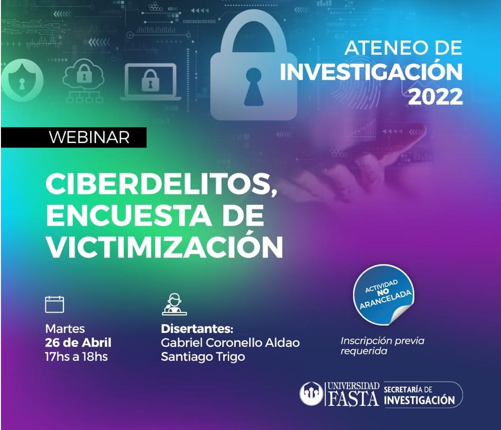 Los invitamos este MARTES 26 a las 17 a la Webinar sobre #ciberdelitos con <a href="/CoronelloAldao/">Gabriel Coronello</a>
Director del Observatorio y <a href="/santyruack/">Santiago Trigo</a> del <a href="/infolabmdq/">InFo-Lab</a> 
Para participar deben ingresar al siguiente link, disponible el día de la videoconferencia:   
 us06web.zoom.us/j/88509003025
