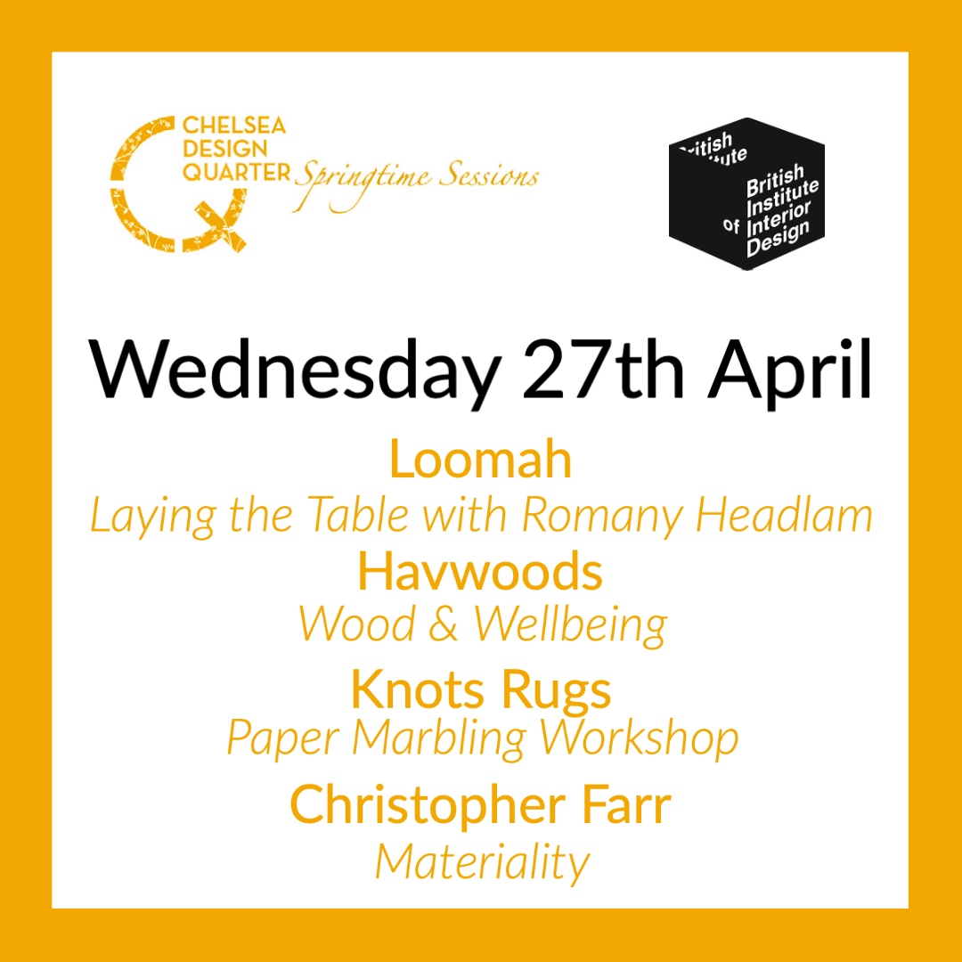 Wed 27th, Day 2 of the #CDQSpringtimeSessions, in partnership with @BIIDTalk:
10am - 12pm @loomahltd: Laying the Table with Romany Headlam
12- 2pm @havwoods: Wood & Wellbeing
4 - 6pm @knotsrugs Marbling Workshop
6 - 8pm @christopherfarrdesign: Materiality

bit.ly/3i8NFIl