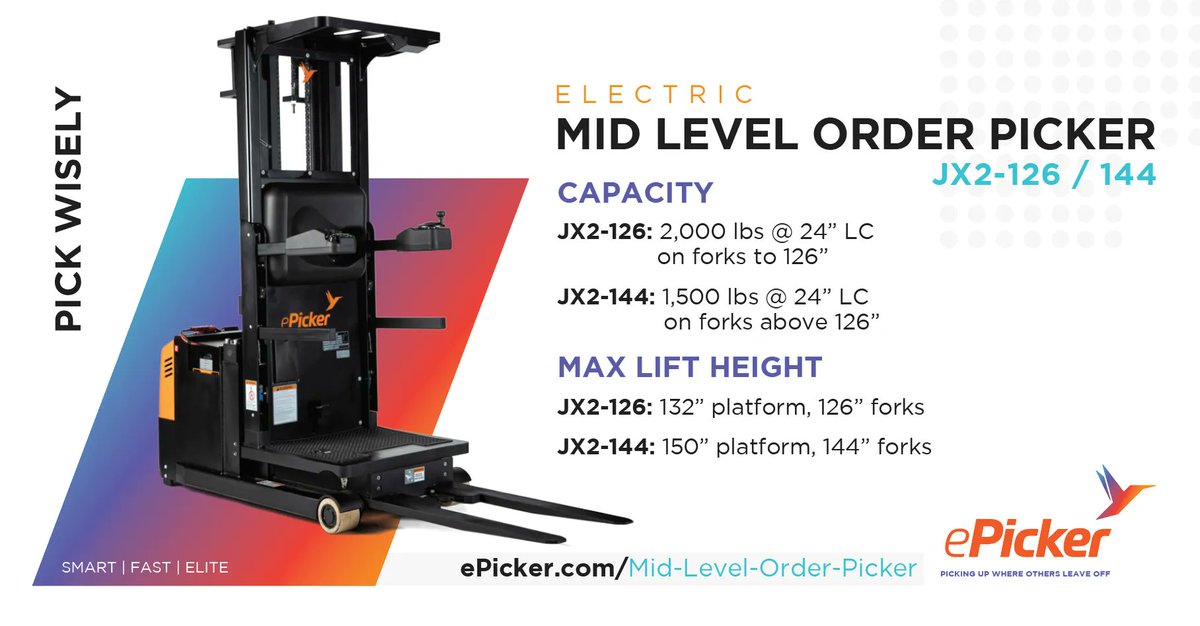 ePickerLifts's tweet image. The ePicker Mid-Level Order Picker is available in two configurations and combines compact design and exceptional maneuverability for a versatile machine that can be used in a variety of applications. For a live demo, connect with us at buff.ly/3mZKF3R. #ePicker
