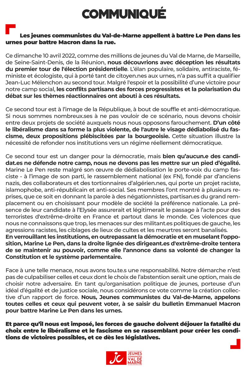 🔴 Parce que nous ne voulons pas du fascisme au pouvoir, parce que le vote est un moyen concret d’engager un rapport de force, et par respect pour nos combats : nous appelons à se rendre aux urnes ce dimanche pour battre Marine Le Pen.

#ToutSaufLePen
#2emeTour