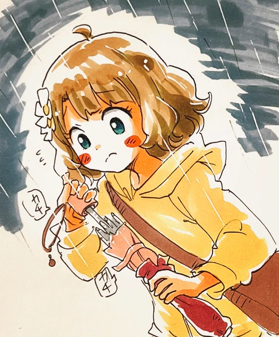 突然の雨に降られて折りたたみ傘の装備を開始する桃子ちゃんセンパイ。 