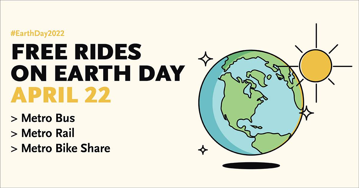 Get a #FreeRide on #MetroBikeShare for #EarthDay April 22 Friday! Redeem a free 30-minute Metro Bike Share ride by selecting ‘1-Ride’ at any Metro Bike Share kiosk, online, or in the Metro Bike Share app. Enter the promo code 042222.