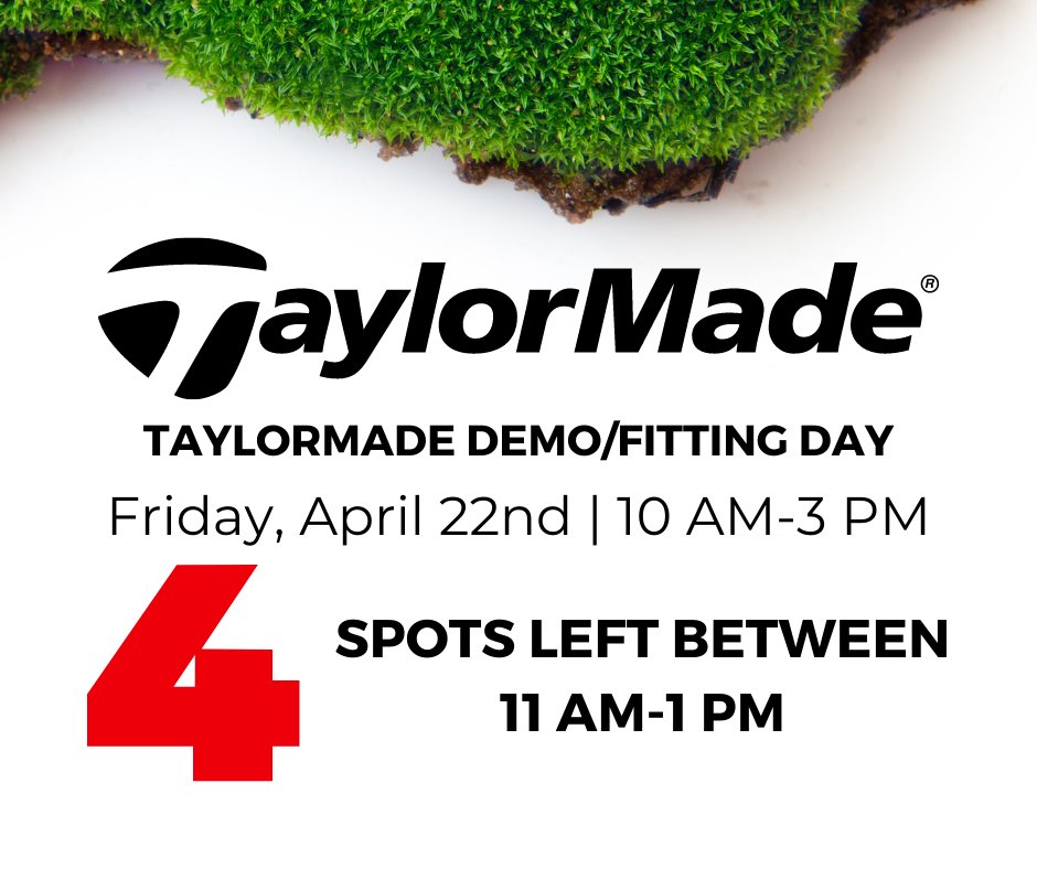 Our TaylorMade Demo/Fitting Day on Friday, April 22nd is filling up FAST!⛳ There are four remaining registration spots left between 11 AM-1 PM. Don't miss out! Make your registration today by clicking here: ow.ly/YtG650IP16E