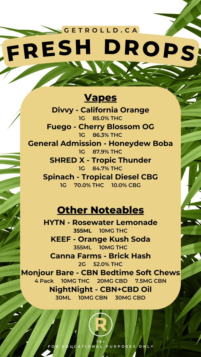rolldcannabisco's tweet photo. It's our favorite day of the week! 

Fresh Drops are now live on our menu! Check them out online or in-store. You won't be disappointed!

https://t.co/IGLpFMh3gy

#ottawa #kanata #stittsville #ottawacannabis #cannabis #cannabiscommunity #freshdrops #legalcannabis #supportlocal https://t.co/U9BYreNLTw