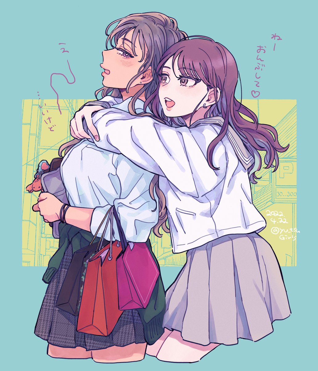 multiple girls 2girls yuri school uniform hug skirt hug from behind  illustration images