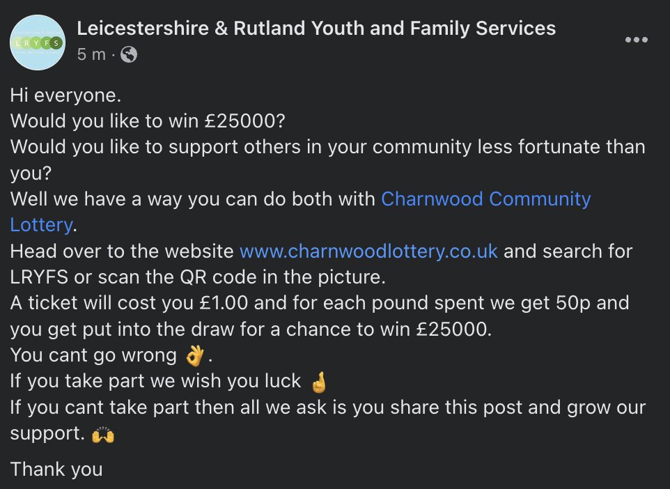 EastMidsYouth's tweet photo. Hi everyone.
Would you like to win Β£25000?
Would you like to support others in your community less fortunate than you? https://t.co/EwXSlxi5Cv