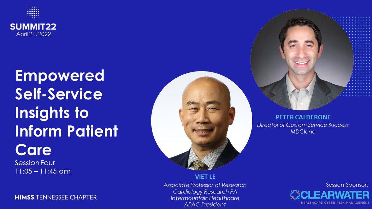 TNHIMSS's tweet photo. Viet Le of @IntermtnMedCtr shared insight intowanting to find patterns of care to help his patients. Peter Calderone of @MDClone_ shared how self-service analytics can make insights from data easily accessible and actionable. #TNHIMSS #Summit22 https://t.co/jYn0XM8glD