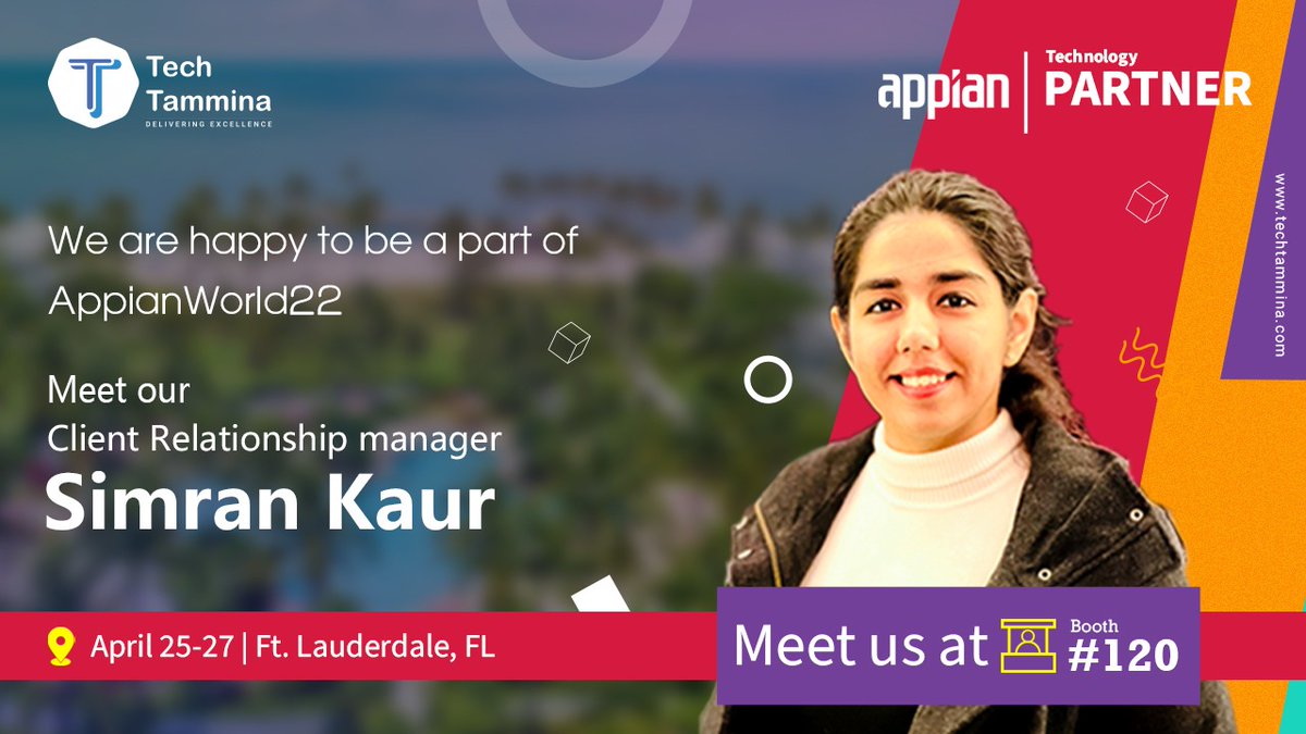 TechTamminaLLC's tweet photo. Our Client Relationship Manager Simran Kaur will represent the #TechTammina team @ #AppianWorld22, waiting for some informational, productive & fun conversations at Booth Number #120
Reach us: bpm@tammina.com
#AppianPlatform #Finance #TechTamminalife #Insurance #Banking #Pharma https://t.co/VBPiN1b6eE