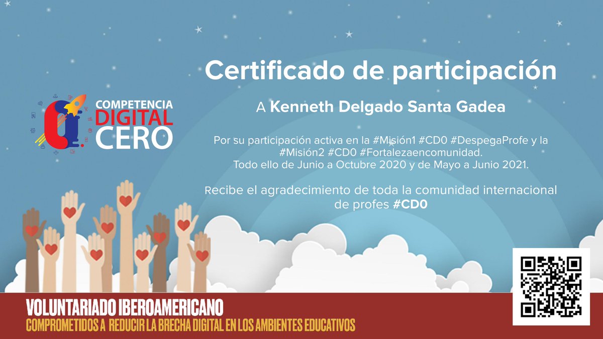 kedelsg's tweet photo. Gracias a @CeroCompetencia por enviarme el certificado de participación en #Mision1 y #Mision2. Es muy grato integrar este gran equipo de voluntariado iberoamericano, comprometido en divulgar, compartir y fortalecer competencia digital docente.#CD0 @LUISDAVILABAND1 @heribertopz21 https://t.co/WNXWqCv3q5
