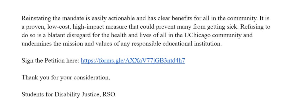 We're uplifting this petition from Students for Disability Justice demanding UChicago reinstate the mask mandate!

We've proudly signed on to protect our community and hundreds of others already have too. Please SHARE WIDELY! SIGN ON + read it at bit.ly/Mask_Petition