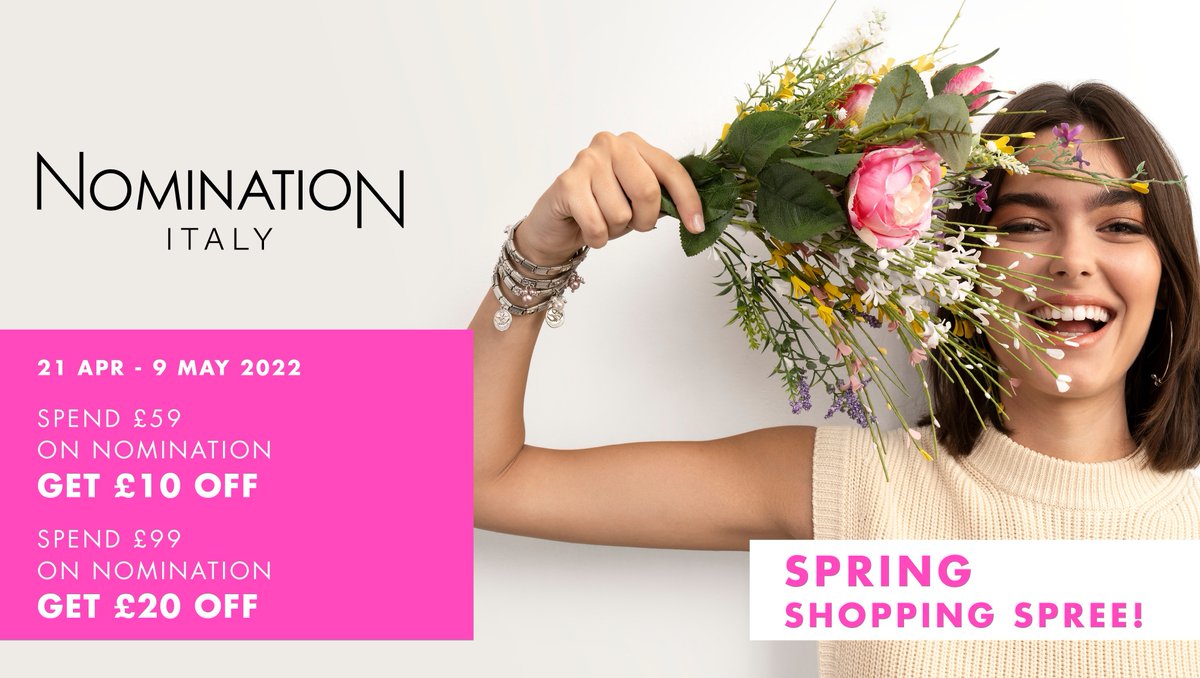 JamesJewellers's tweet photo. From the 21st of April to the 9th of May spend £59 on #Nomination and get £10 OFF, Spend £99 and get £20 OFF! Celebrate the beginning of spring with Nomination! #springshoppingspree https://t.co/X41tMWA3ir