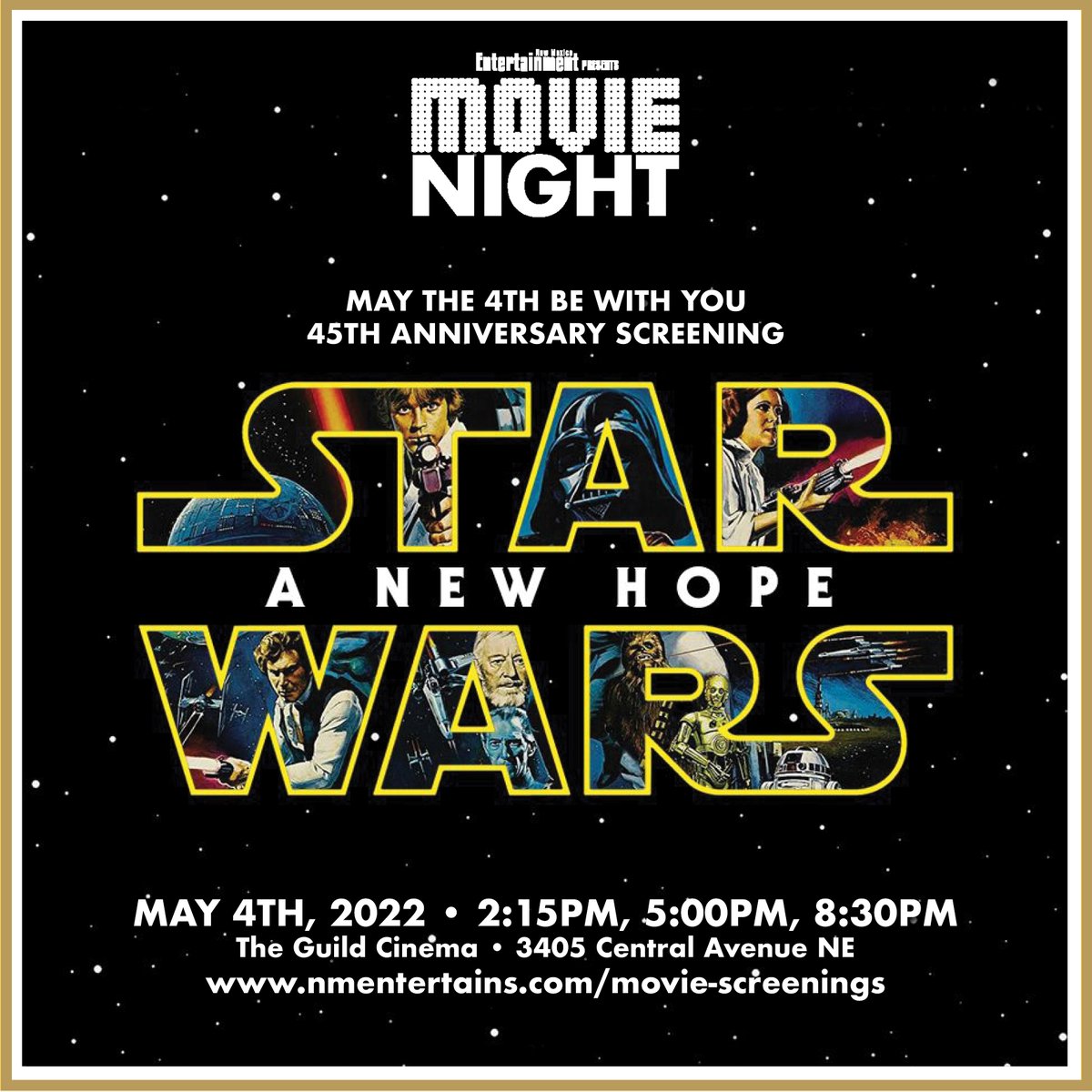 NMEntertains's tweet photo. Join @NMEntertains for 45th anniversary of @starwars at @GuildCinema The 501st and prize giveaways - custom posters from artists @jonito and Jeremy Montoya
https://t.co/4guskivULg
#NMEntertains #guildcinema #StarWars #maythe4thbewithyou #events #entertainment #movies https://t.co/pNr3d9AJ9F
